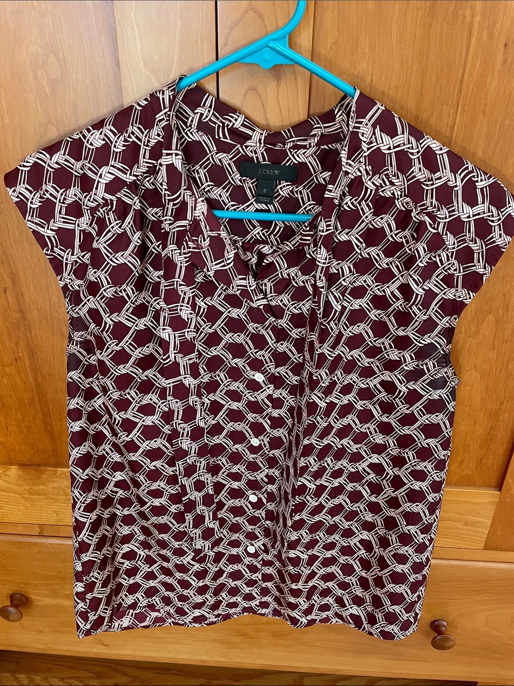 J. Crew Burgundy and Cream Geometric Tie-Neck Blouse